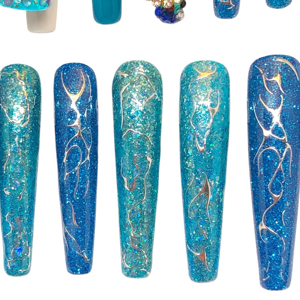 Handmade Press On Nails 2X Long Coffin Custom Hypnotic Blue Nails Full S… - Picture 7 of 10